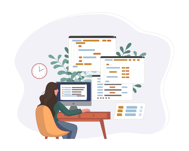 Free Vector programmer working on web development code. engineer programming in python, php and java script on computer. 
