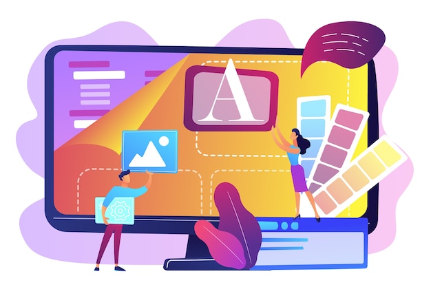 Programmers at computer using low code platform on computer, tiny people. Low code development, low code platform, LCDP easy coding concept. Bright vibrant violet  isolated illustration