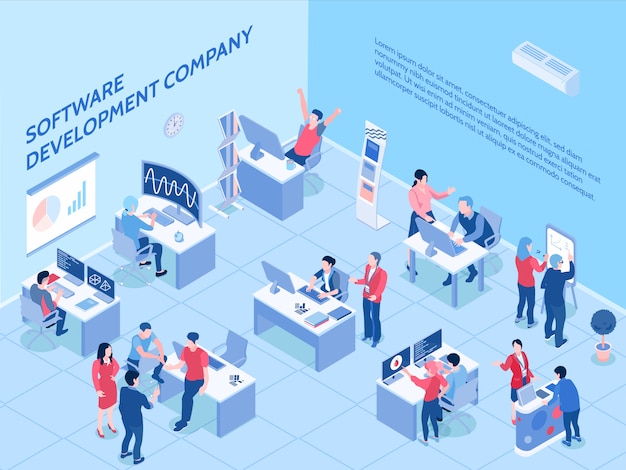 Free Vector programmers of software development company during work in office isometric horizontal