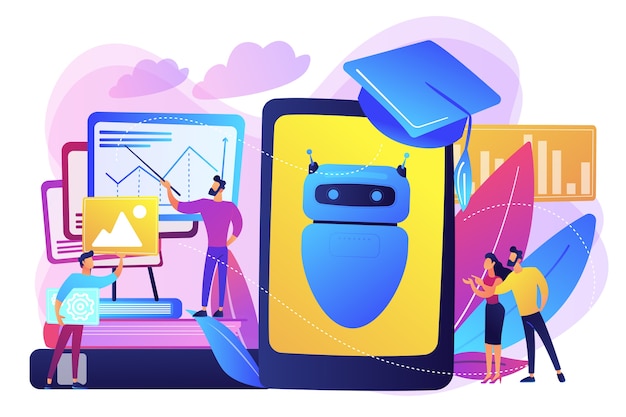 Free vector programmers with charts make chatbot learn data from past results. chatbot self learning, virtual assistants learning, ai machine learning concept. bright vibrant violet  isolated illustration