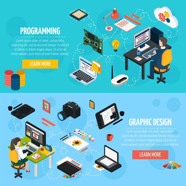 Programming And Graphic Design Isometric Banners