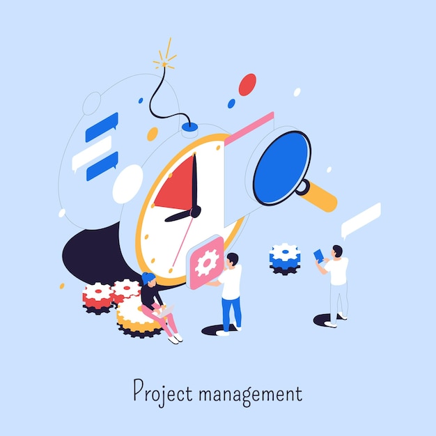 Free vector project management abstract concept consisting of magnifier clock gears people communication isometric icons vector illustration