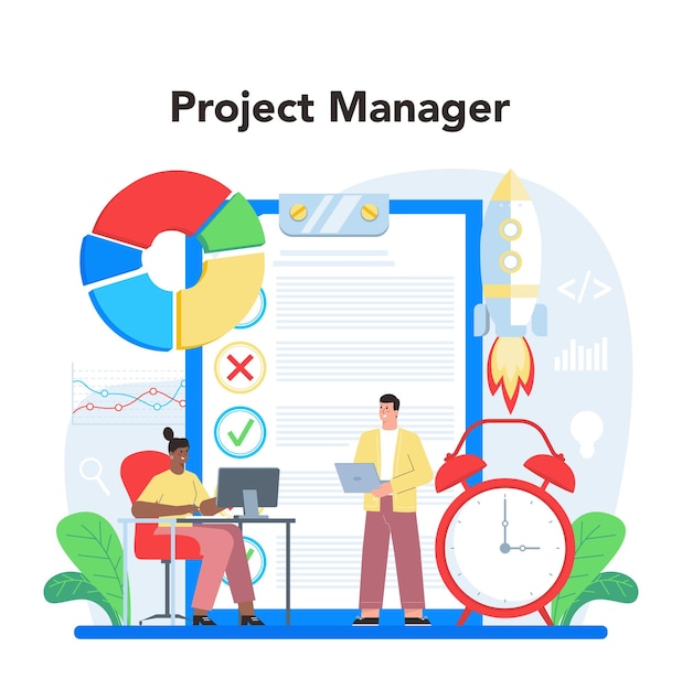 Project management concept Successful strategy planning motivation and leadership Marketing analysis and development Vector illustration in cartoon style