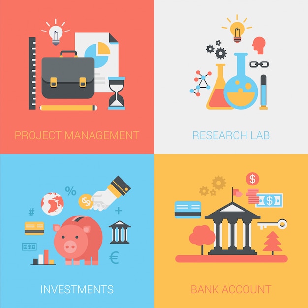 Project management, research lab, investments, bank account icons set.