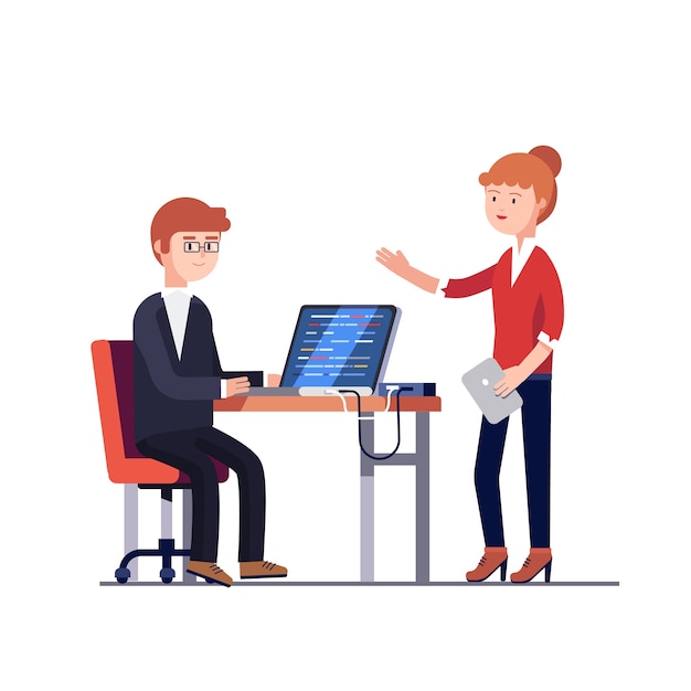 Free Vector project manager woman talking to a programmer man