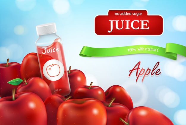 Free Vector promo banner of apple juice, poster for advertising liquid in plastic bottle