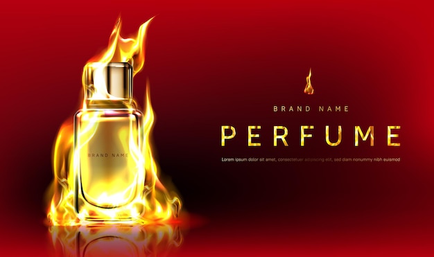 Free Vector promo banner with perfume bottle in fire flame