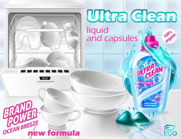 Free Vector promotion banner of liquid cleaner and capsules for dishwasher. plastic bottle with detergent