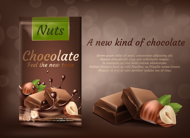 Free Vector promotion banner, package of milk chocolate with hazelnuts isolated on brown background