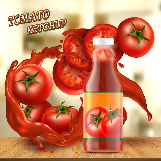 Free vector promotion banner with realistic glass bottle of ketchup, with splashes of red sauce