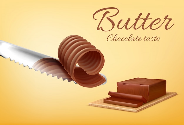 Promotion banner with realistic stick of chocolate butter on cutting board and metal knife. 