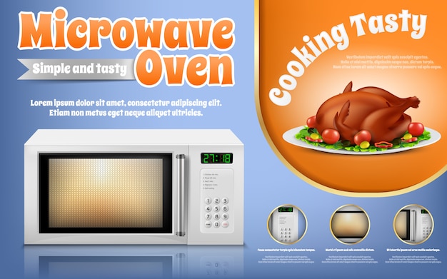 Free Vector promotion banner with realistic white microwave oven and roast chicken with vegetables 