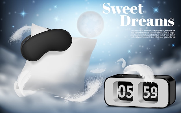 Promotion banner with realistic white pillow, blindfold and alarm clock on blue night background