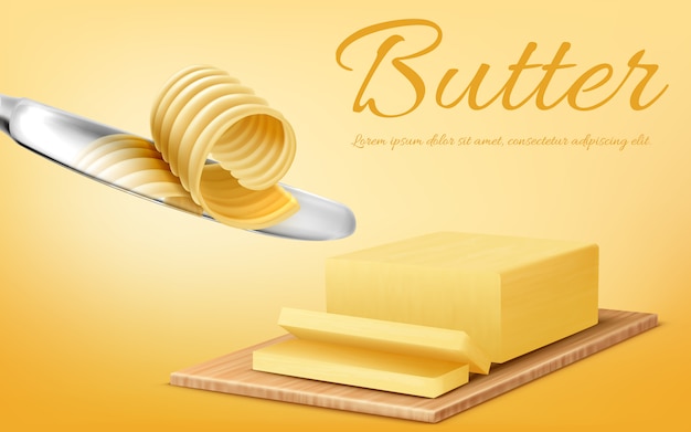 Promotion banner with realistic yellow stick of butter on cutting board and metal knife. 