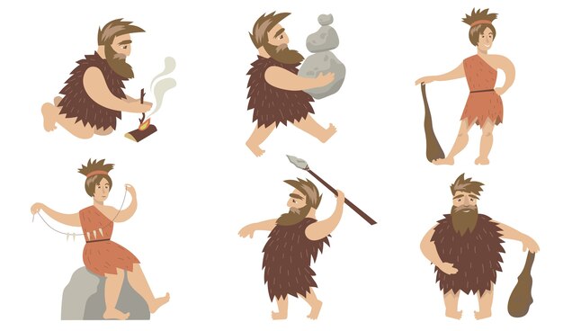 Promotive cave people set. Ancient man and woman controlling fire, carrying stones, hunting with spears and cudgel. For primitive people, anthropology, prehistoric period