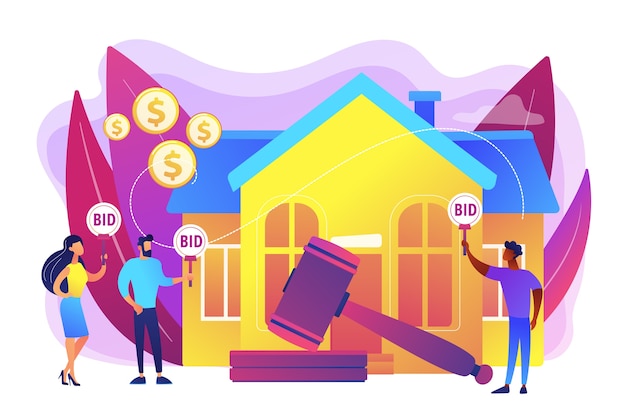 Free Vector property buying and selling. auction house, exclusive bids here, consecutive biddings processing, business that runs auctions concept. bright vibrant violet  isolated illustration