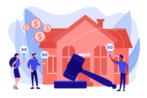 Property buying and selling. Auction house, exclusive bids here, consecutive biddings processing, business that runs auctions concept. Pinkish coral bluevector isolated illustration