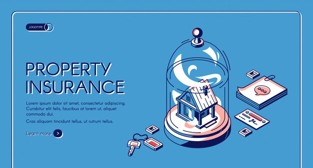 Property insurance isometric landing page. Real estate building stand under glass dome with keys, notes. Home accident protection service