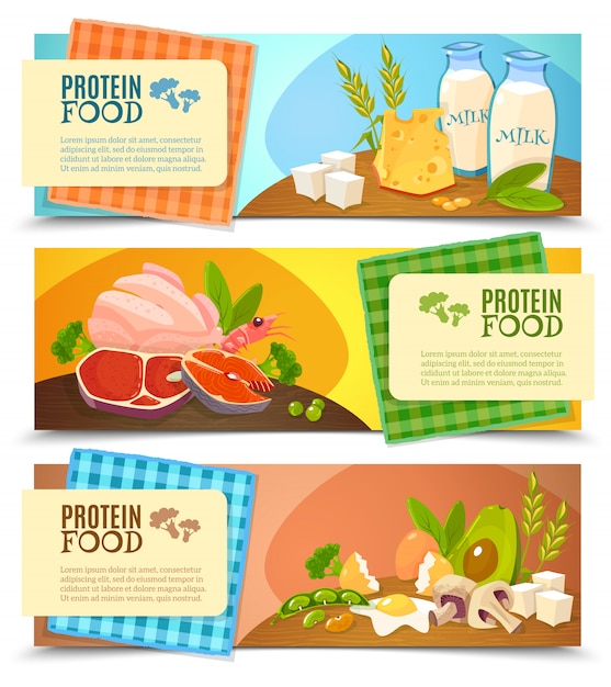 Free Vector protein food flat horizontal banners set 