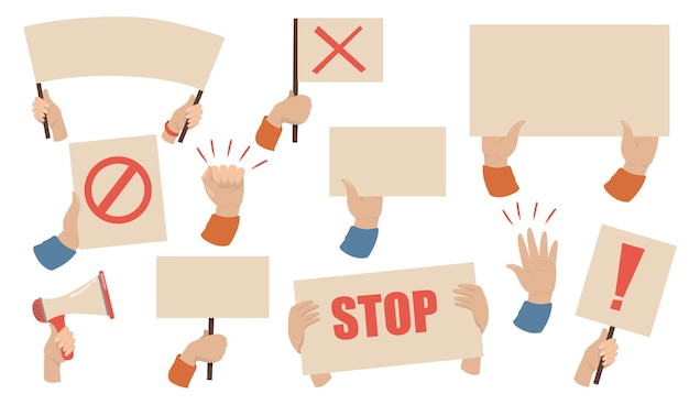 Free Vector protest placards set. hands of activists holding megaphones, banners and posters with stop signs. vector illustration for workers strike, demonstration, riot concept