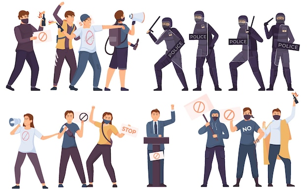 Free Vector protest revolution flat concept set the police against protesting group of people and the performance of oppositionist in front of his group vector illustration