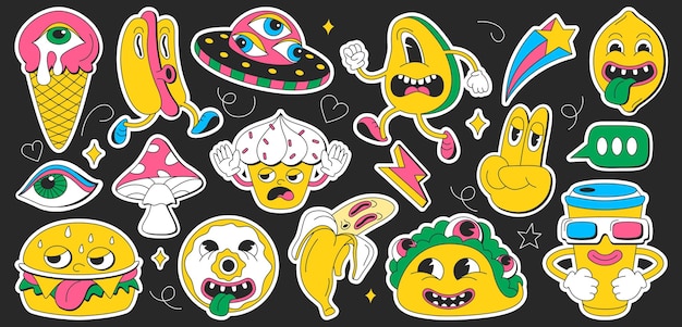 Psychedelic cartoon groovy stickers set with retro surreal elements