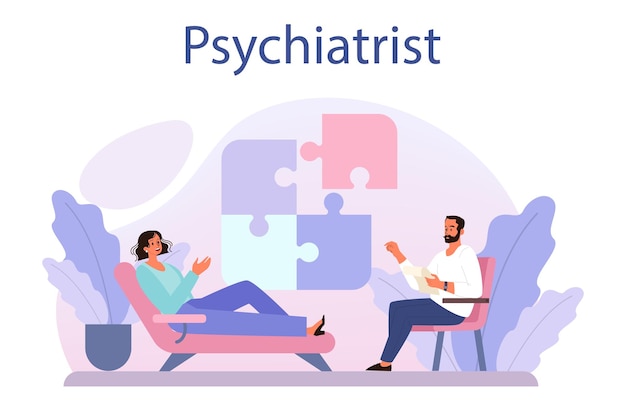 Psychiatrist concept Mental health diagnostic Doctor treating human mind Psychological test and help Thoughts and emotions analysis Vector illustration in cartoon style