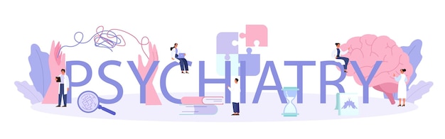 Psychiatry typographic header Mental health diagnostic Doctor treating human mind Psychological test and help Thoughts and emotions analysis Vector illustration in cartoon style