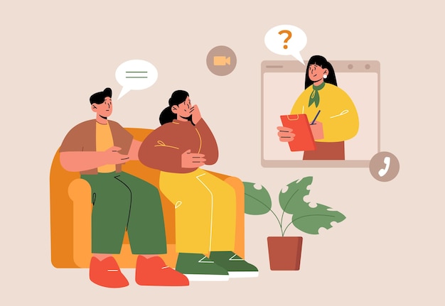 Psychologist and patients meeting on online therapy session. Vector flat illustration of psychotherapist counseling couple by video call. Concept of virtual professional mental health consultation