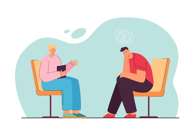 Psychologist sitting in front of patient with mental disorder. Psychiatrist session flat vector illustration. Health care, psychological service concept for banner, website design or landing web page