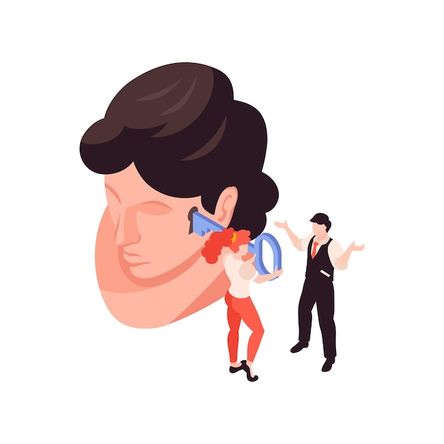 Psychology isometric illustration with human head with key hole