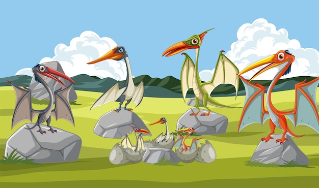 Free Vector pterodactyl family in prehistoric landscape