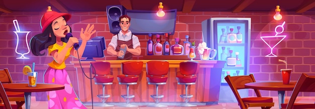 Free Vector pub bar interior with bartender and singer