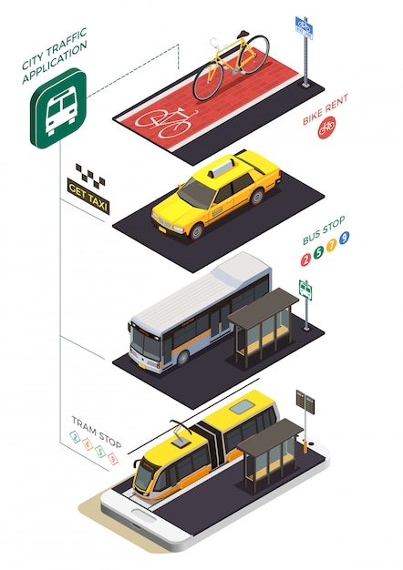 Free vector public city transport isometric composition with infographic pictograms text captions and municipal transport units with stops