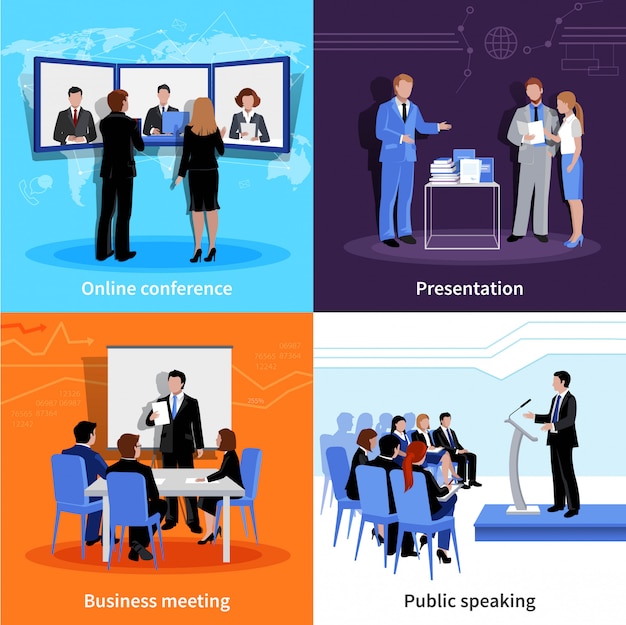 Public speaking 4 flat icons square composition banner with meeting