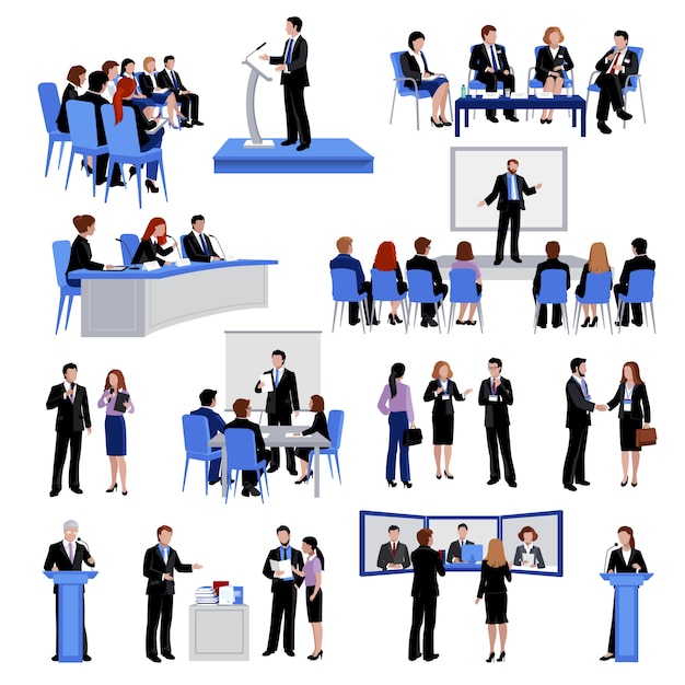 Free Vector public speaking people flat icons collection with conference meetings