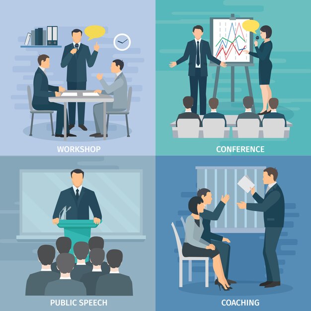 Public speaking skills coaching workshop presentation and conference 4 flat icons composition square