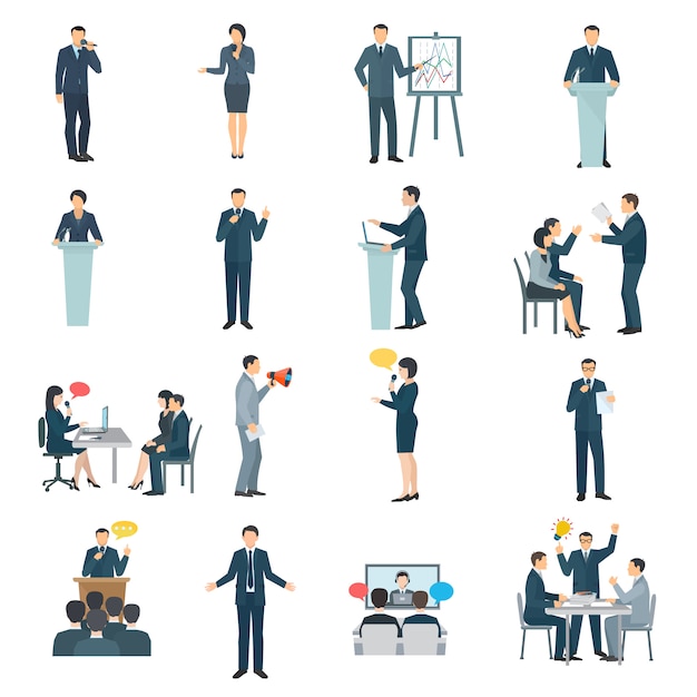 Free Vector public speaking skills flat icons collection 