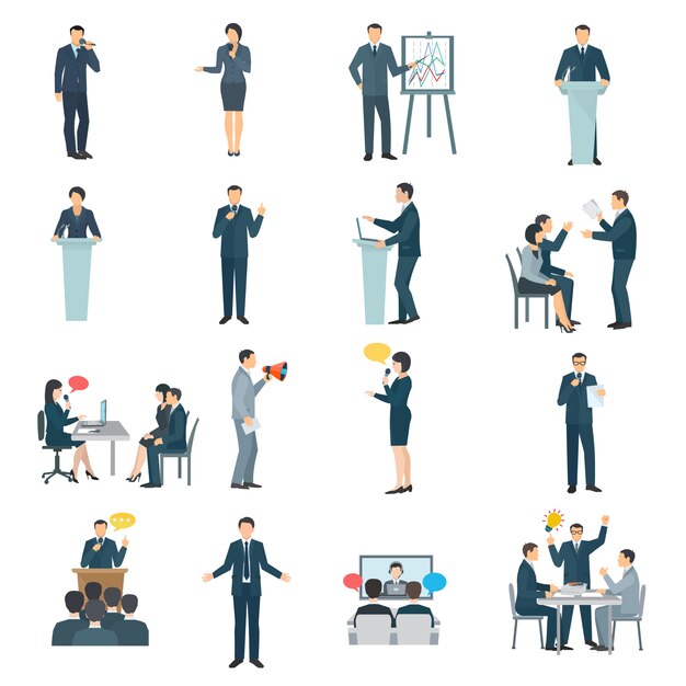 Public speaking skills flat icons collection 