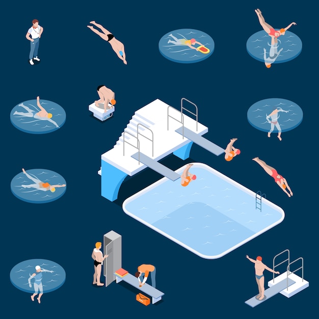 Free Vector public swimming pool sports equipment locker room elements and visitors isometric set dark  isolated