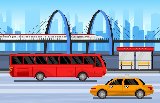 Public transport composition trains buses and cabs go as usual around the city illustration