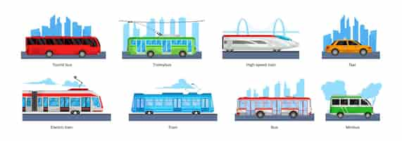 Free vector public transport design concept set landscapes with tourist bus trolleybus high speed train taxi electric train tram and other transport vector illustration