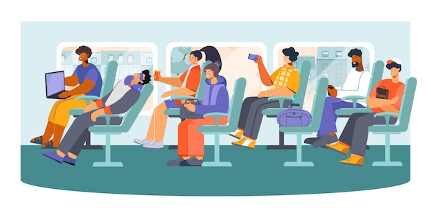 Free Vector public transport long distance bus passengers snoozing making photos messaging from phone pc flat composition illustration