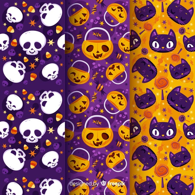 Pumpkin skull and cats flat halloween pattern collection