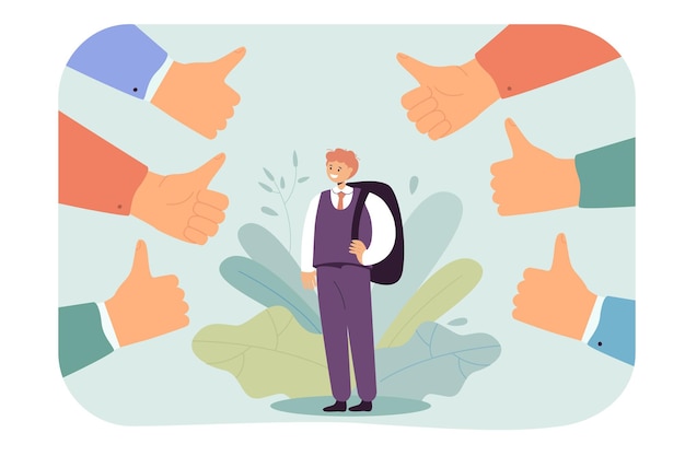 Free vector pupil with backpack surrounded by thumbs up. boy in official suit being respected by society flat vector illustration. education, public opinion concept for banner, website design or landing web page