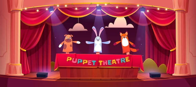 Free Vector puppet show on theater stage with red curtains and spotlights.