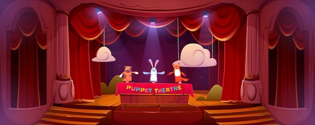 Free Vector puppet theater on stage funny dolls perform show