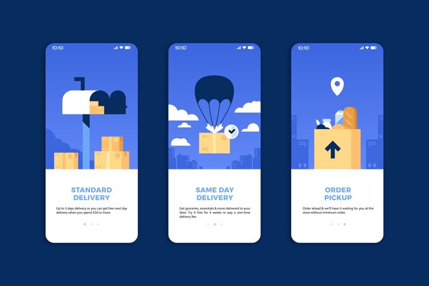 Purchase online onboarding app screens (mobile phone)