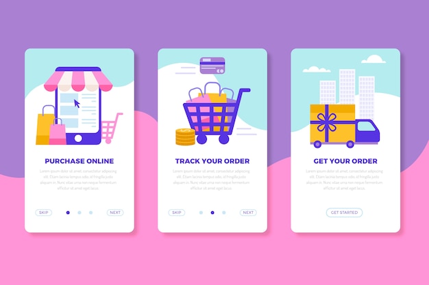 Purchase online onboarding app screens