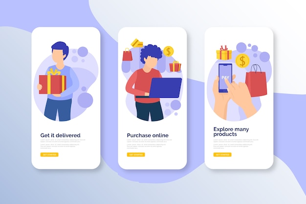 Purchase online onboarding app screens